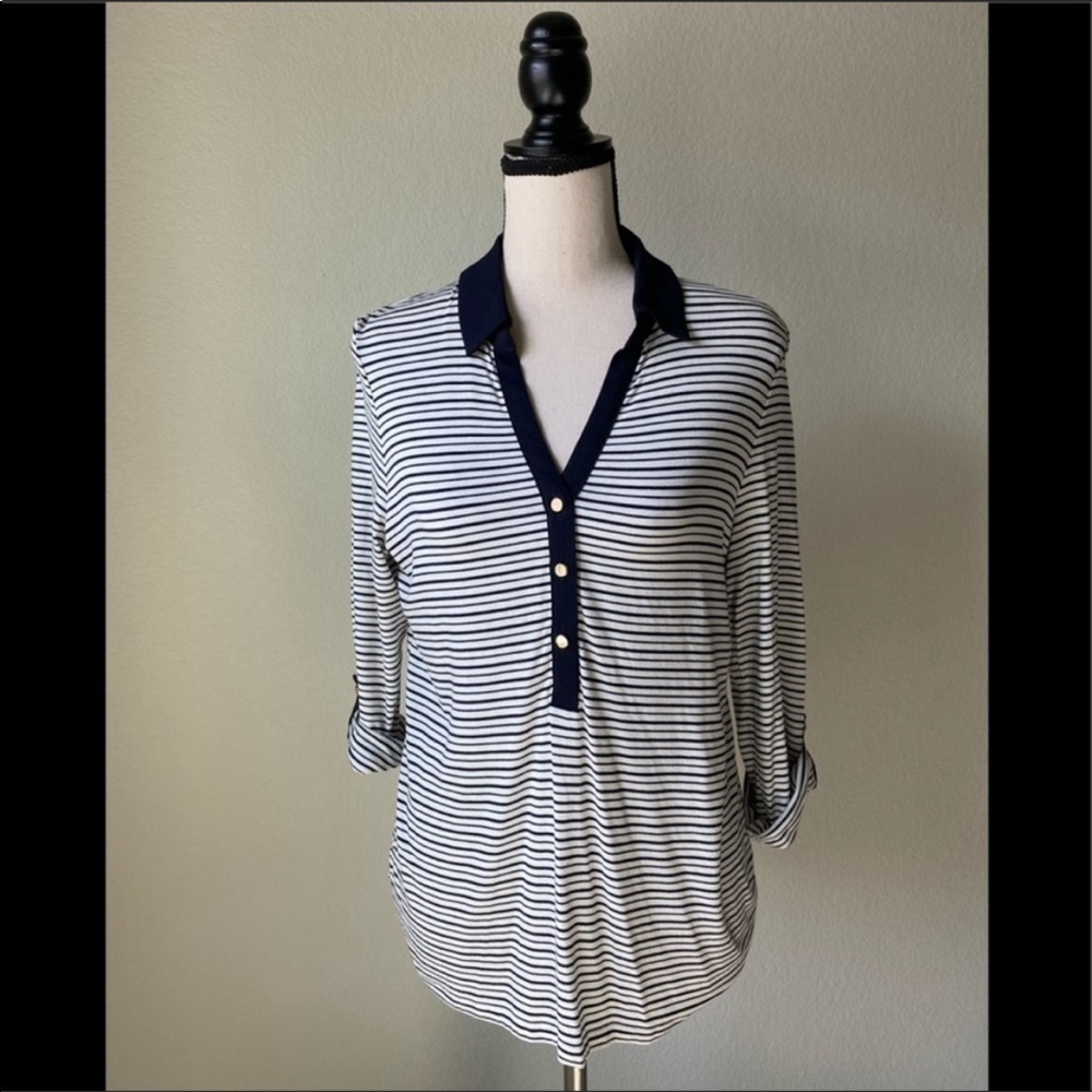 Ann Taylor Striped Collared Popover Blouse Size Small